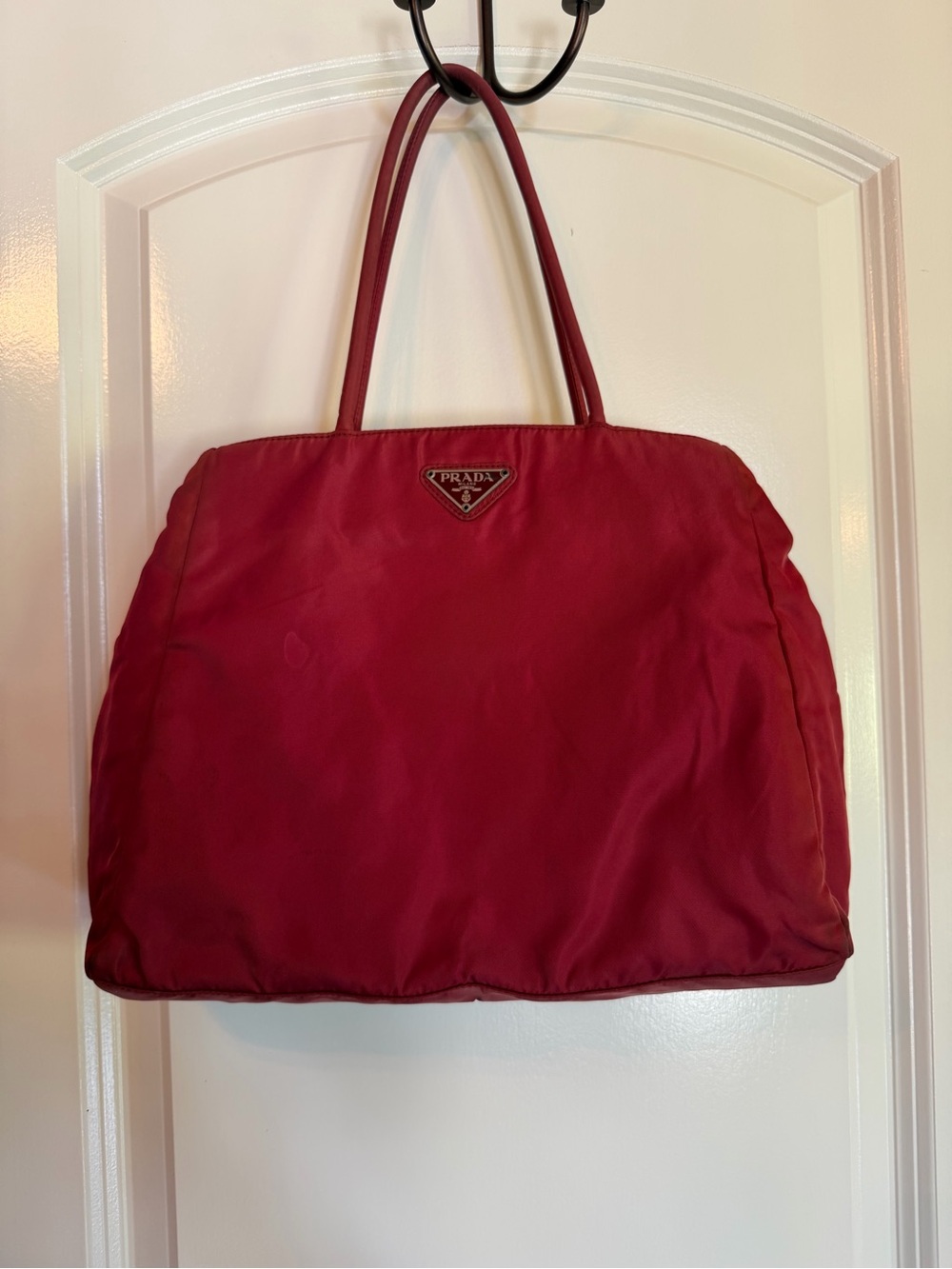 Prada Red Nylon Tote with Triangle Logo Plaque